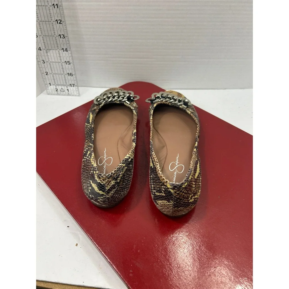 Jessica Simpson Snakeskin Ballet Flat 7B Brown Yellow Chain Rhinestone Glam Edgy